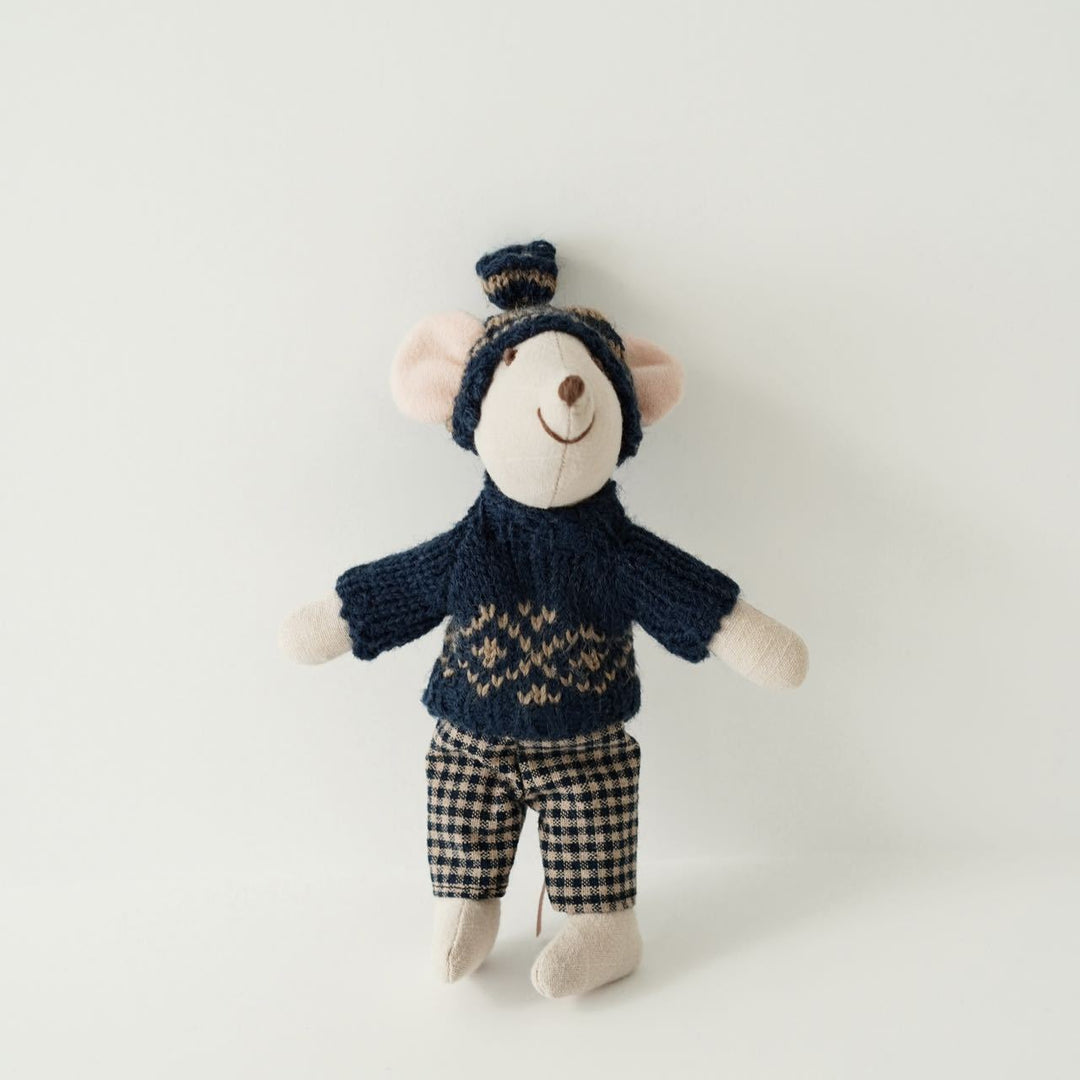 Handcrafted Mouse Plush Doll with Knitted Heart Sweater Pom-Pom Beanie and Gingham Trousers