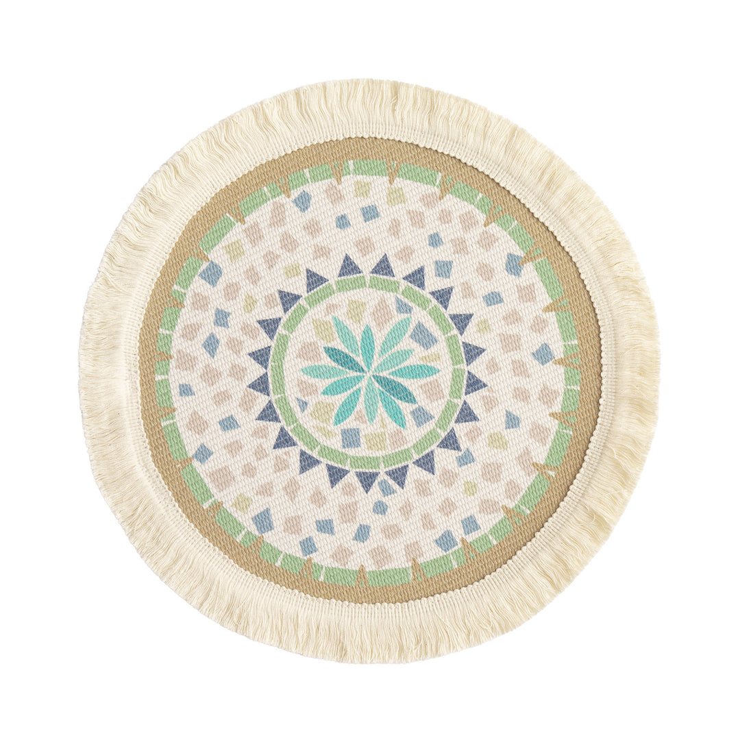 Round handmade woven decorative rug with fringes and botanical pattern Kalsten
