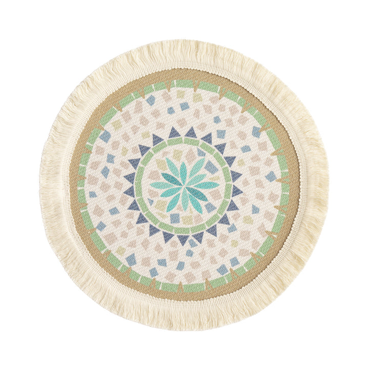 Round handmade woven decorative rug with fringes and botanical pattern Kalsten