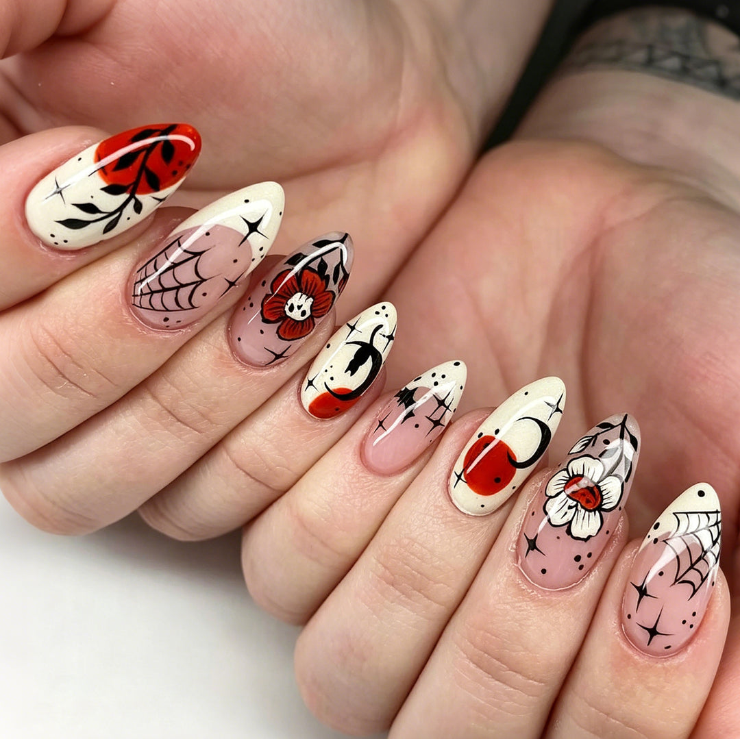Artistic Halloween-Themed Press-On Nail Art Set