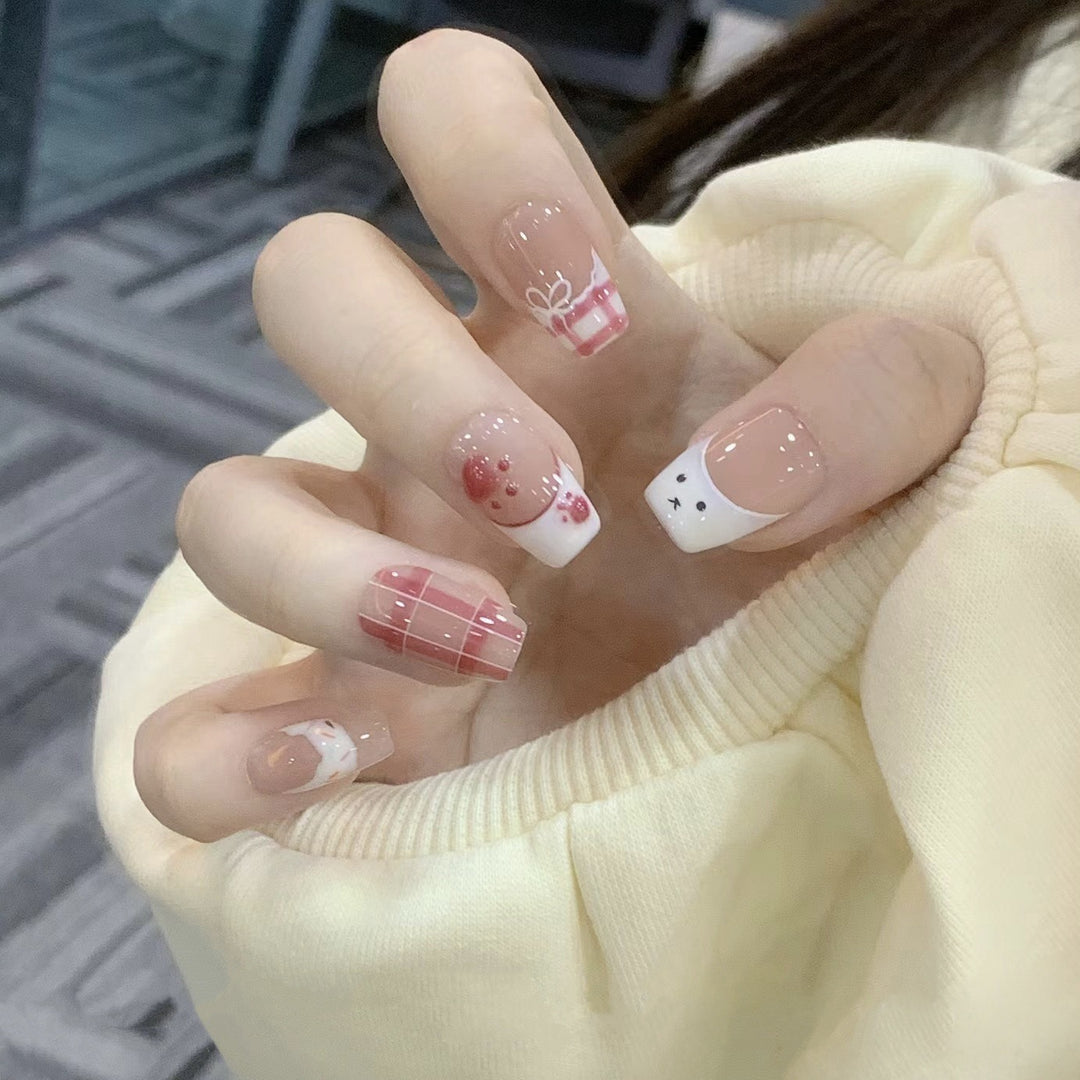 Artistic Press-On Nail Design Set with Floral and Gemstone Accents Kalsten