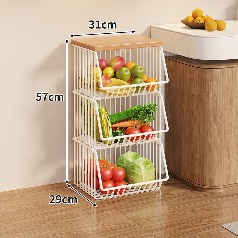 Compact Triple-Tier Rolling Wire Vegetable and Fruit Storage Cart with Wooden Top