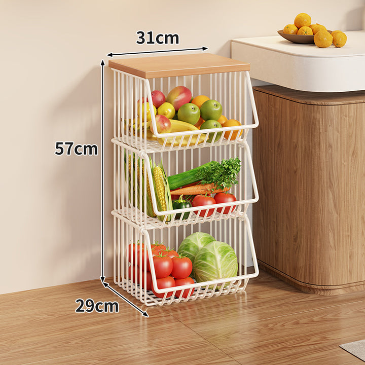 Compact Triple-Tier Rolling Wire Vegetable and Fruit Storage Cart with Wooden Top