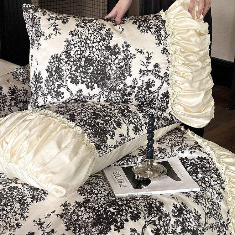 Premium cotton satin duvet cover set with ruffled frill and decorative bed skirt