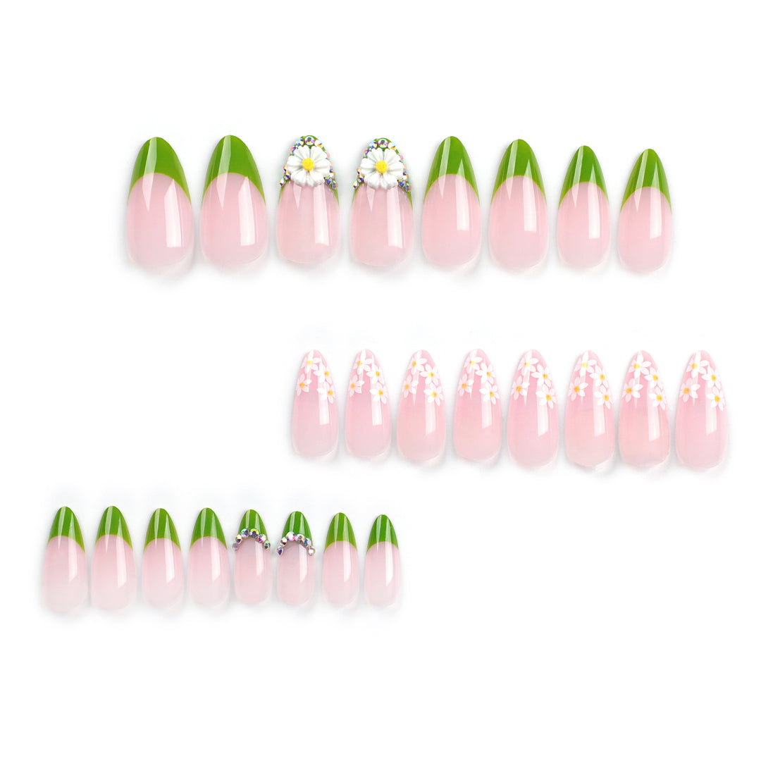 Artificial nails with floral accents and green French tip Kalsten