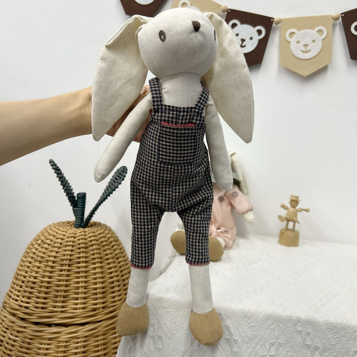 Handcrafted Linen Bunny Rag Doll with Long Ears and Gingham Dress