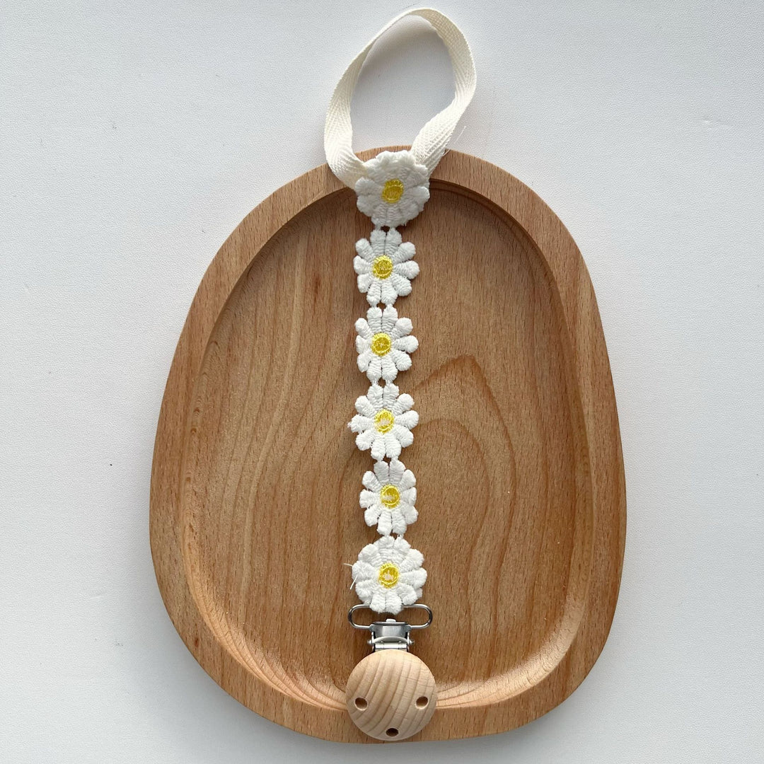 Crochet Floral Pacifier Clip with Wooden Bead Clip