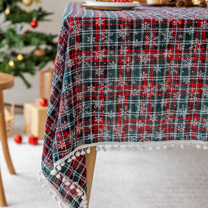 Festive Plaid Cotton-Linen Blend Rectangular Tablecloth with Pom-Pom Fringe and Matching Chair Cushion Covers