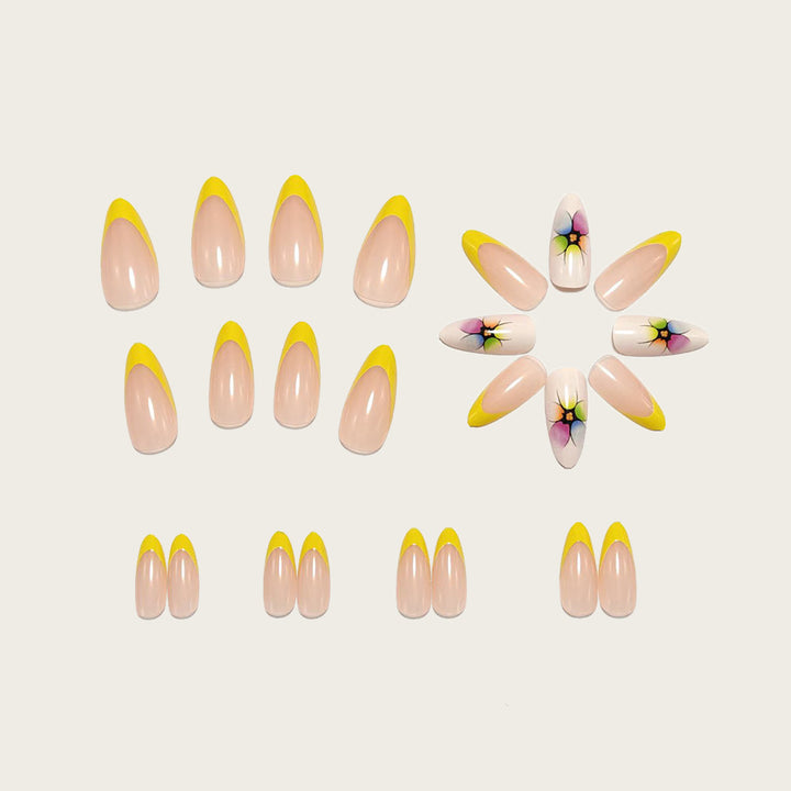 Stylish artificial nails with floral accents and colorful French tip design Kalsten