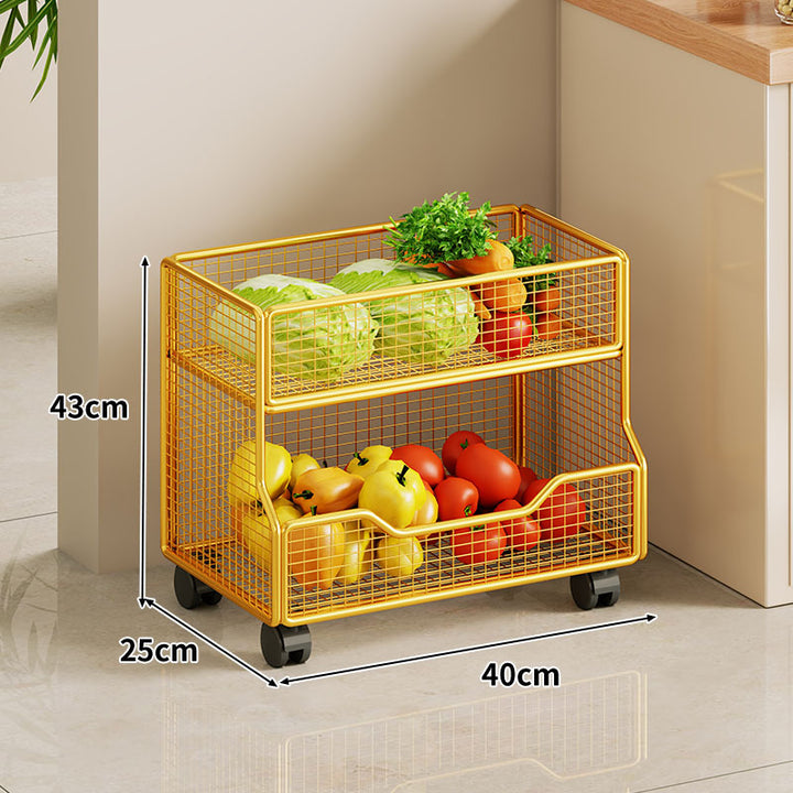 Two Tier Wire Mesh Kitchen Produce Storage Rack with Slide Out Lower Basket