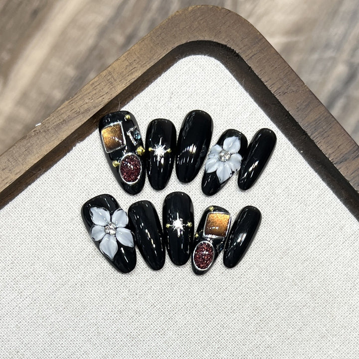 Decorative Press-On Nail Art Set with Floral and Crystal Accents Kalsten
