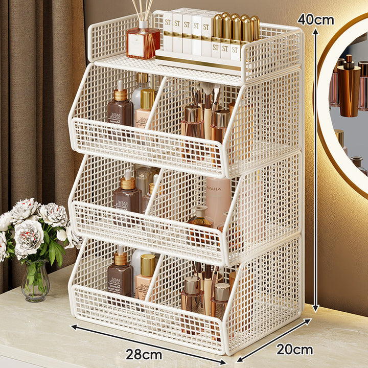 Two-Tier Metal Grid Countertop Vanity Organizer Shelf with Raised Front Lip