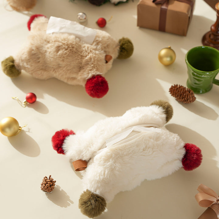 Plush tissue box cover made of faux fur with colorful pom-pom corners Kalsten