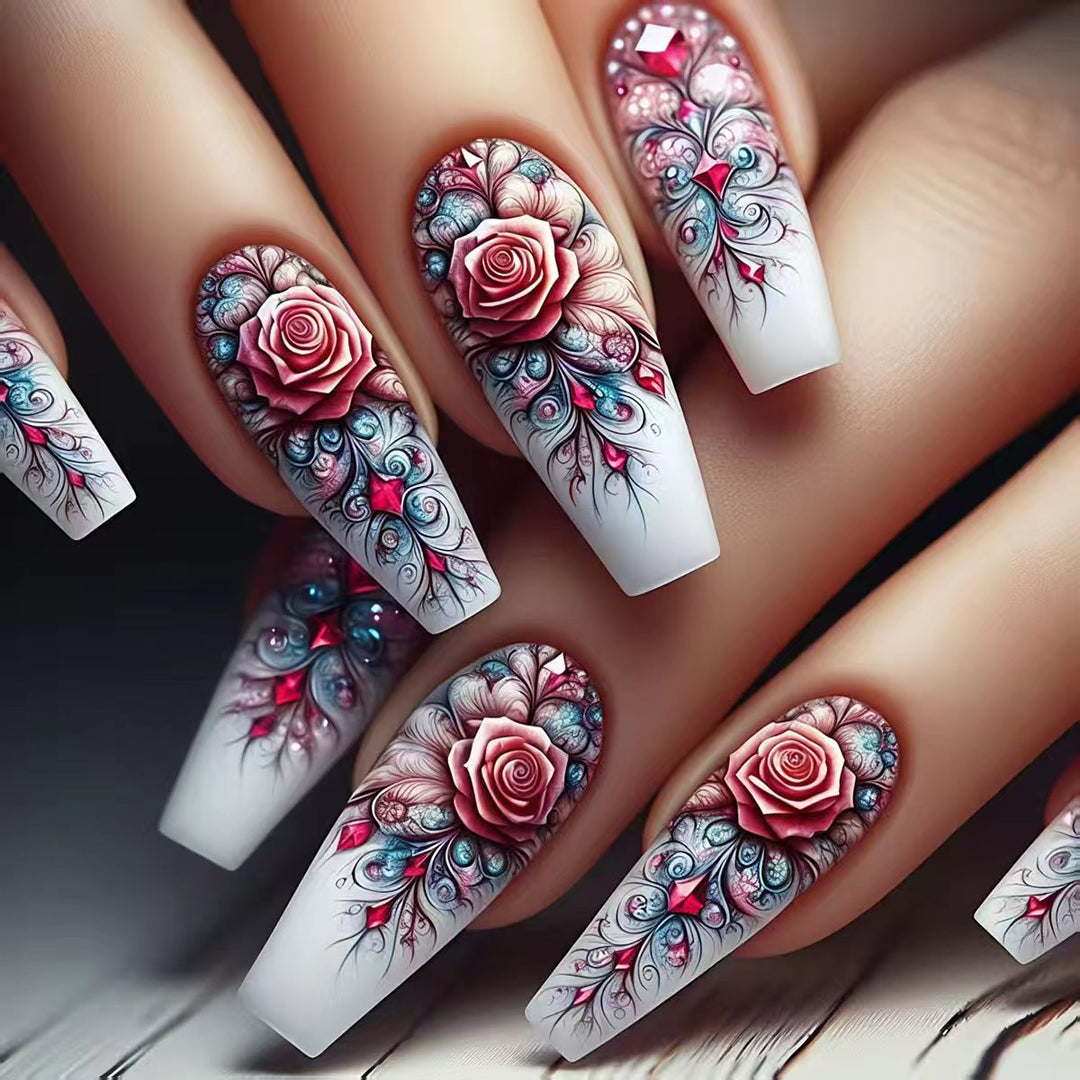 Elegant rose design artificial nails with glitter accents Kalsten