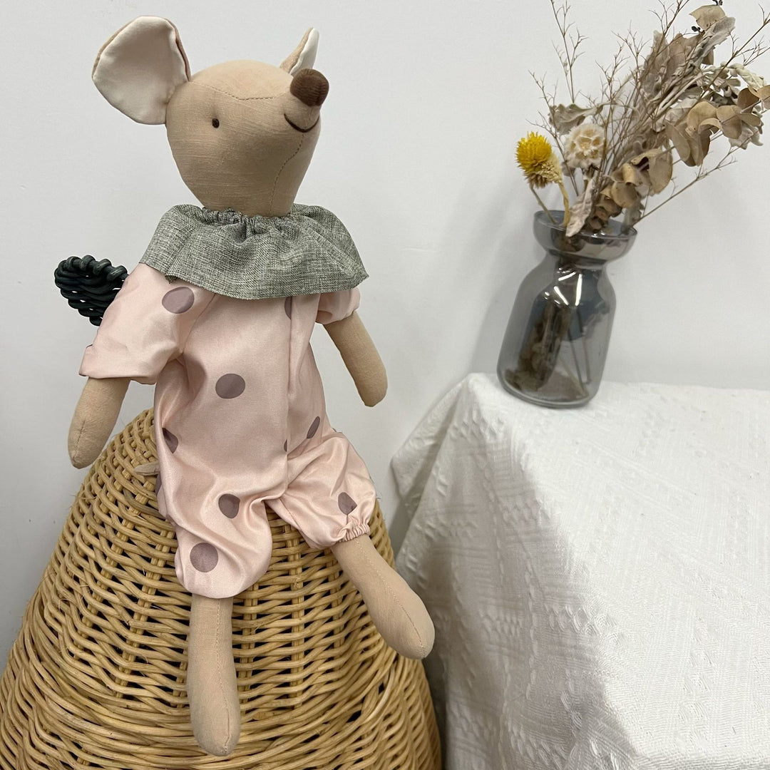 Soft Artisan Mouse Comforter Doll with Polka-Dot Cotton Romper and Linen Collar