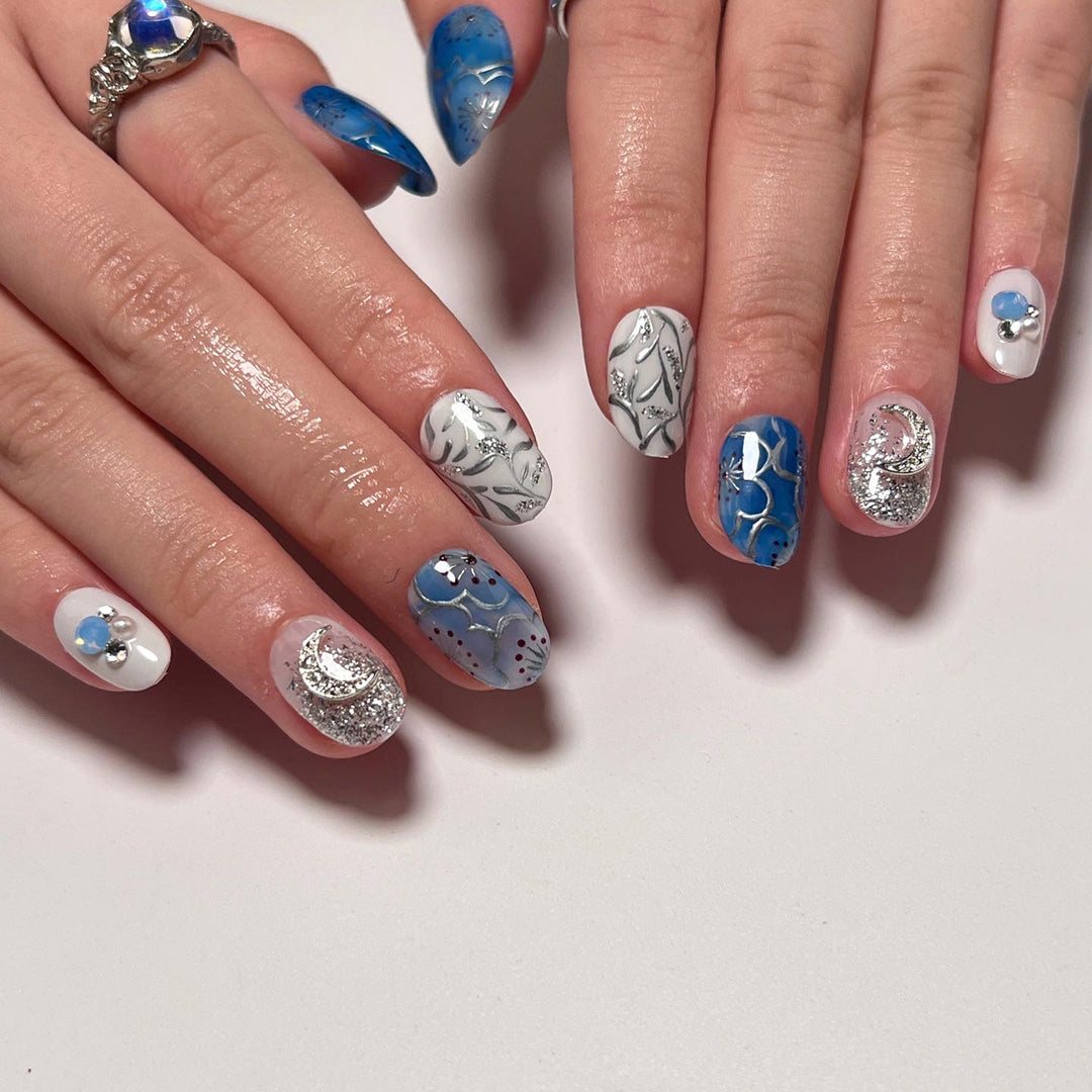 Artistic nail extensions with sparkling accents Kalsten