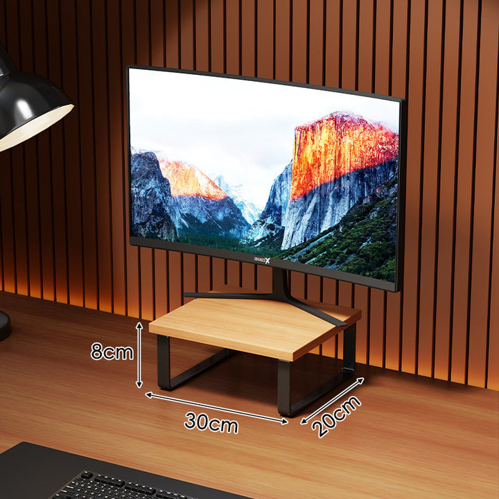 Compact Wooden Monitor Riser with Metal Frame and Under-Shelf Storage