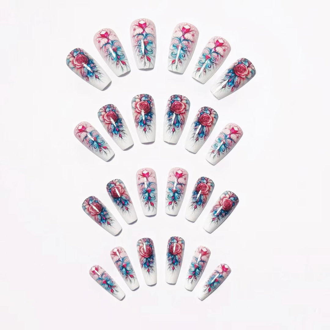 Elegant rose design artificial nails with glitter accents Kalsten