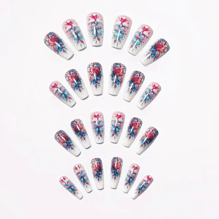 Elegant rose design artificial nails with glitter accents Kalsten