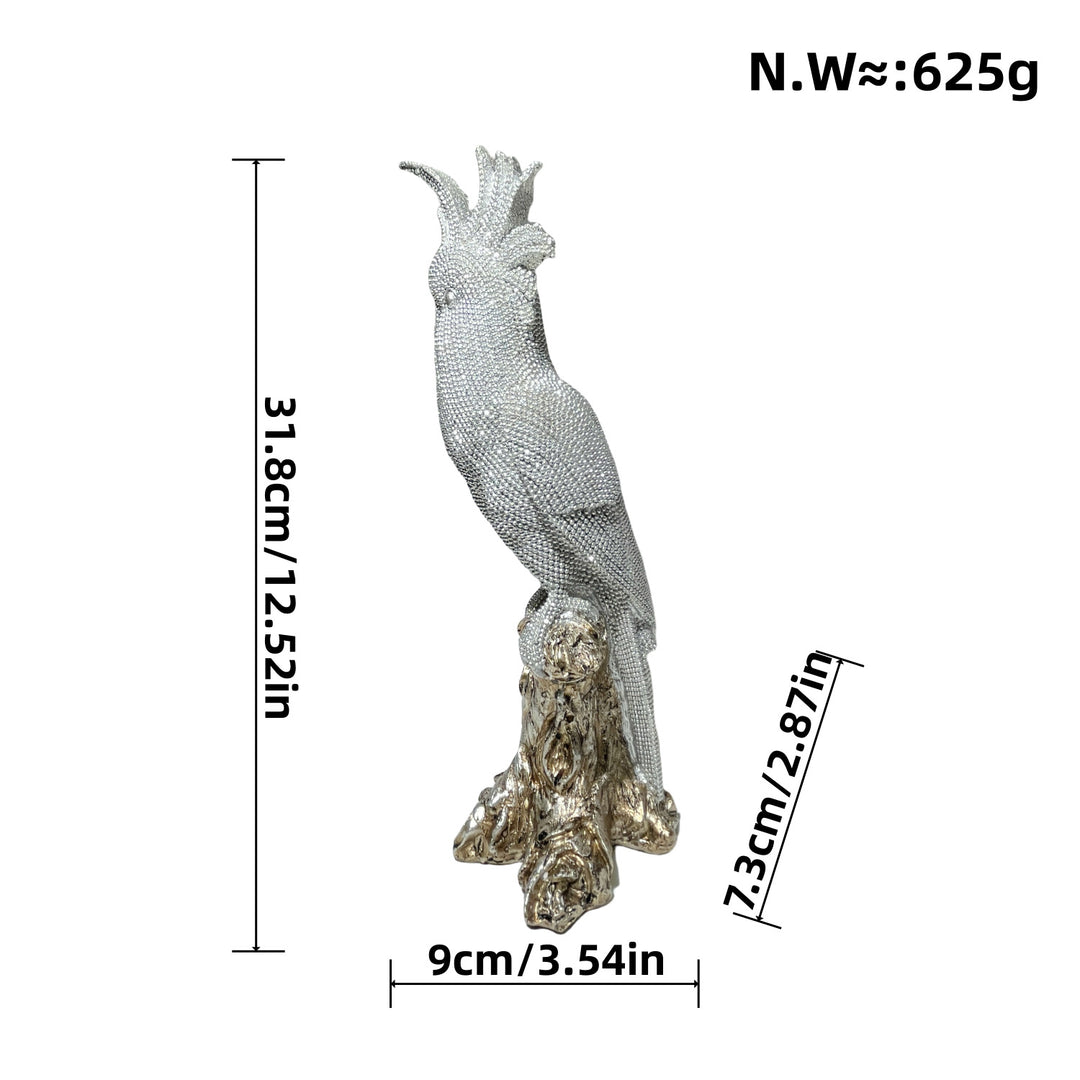 Shiny parrot figure on tree stump Kalsten