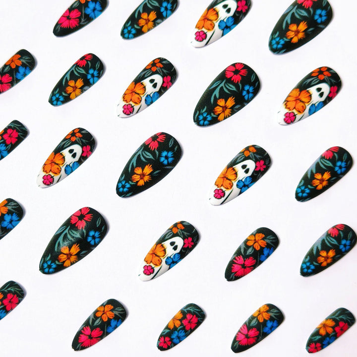 Creative Art Nails with Skull and Colorful Flower Design Kalsten