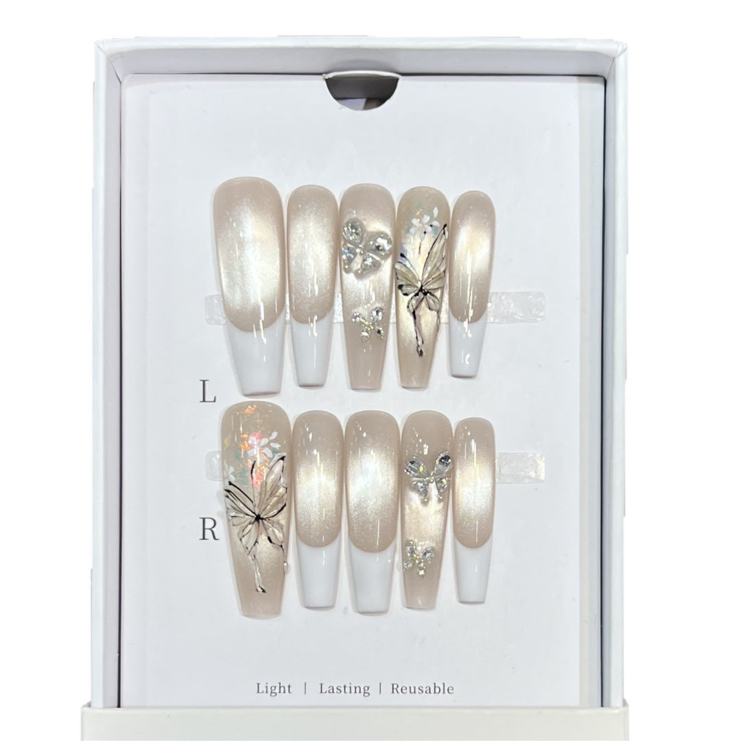 Elegant Press-On Nail Art Set with Butterfly and Jewel Accents Kalsten