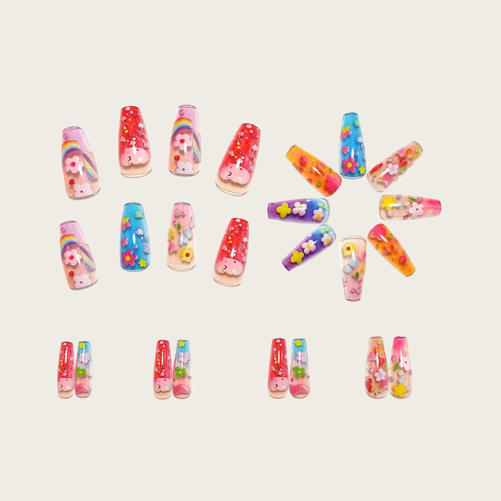 Artificial nails with colorful floral designs and 3D details Kalsten