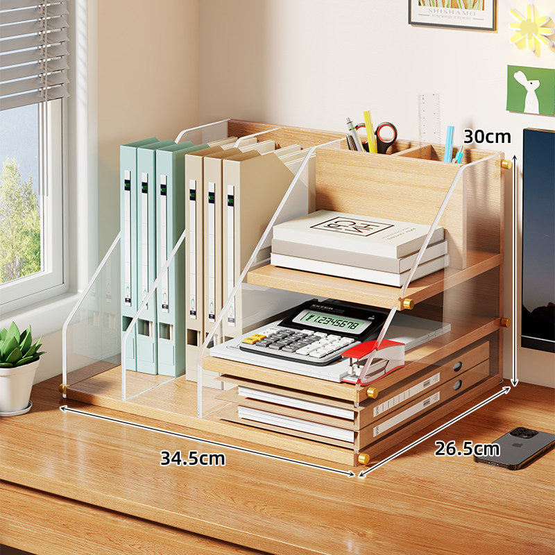 Modular Wooden Desk Organizer with Acrylic File Sorter and Pen Compartments
