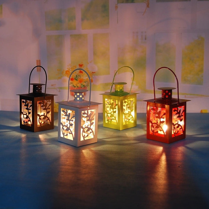 Decorative Metal Tealight Lantern Set with Filigree Leaf Cutouts and Carry Handle Kalsten