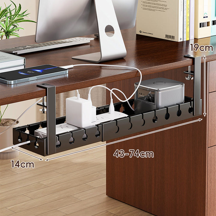 Adjustable Clamp-Mounted Under-Desk Power Strip & Cable Management Tray