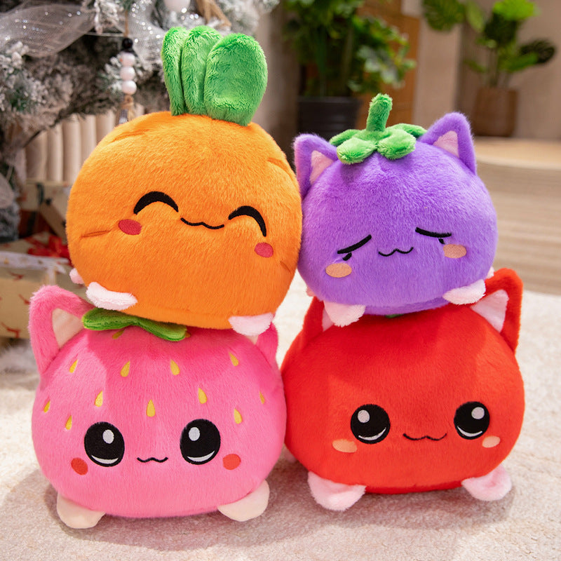 Kawaii Round Cat-Fruit Plush Pillow with Leaf Top and Squishy Bean-Fill Cuddle Companion Kalsten