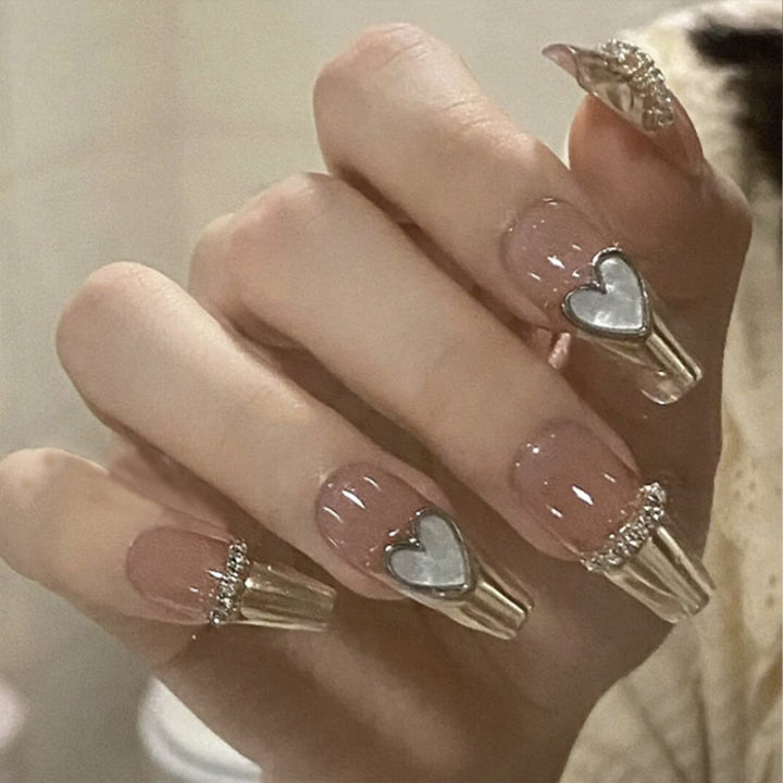 Heart-Decorated Long Stiletto Press-On Nails
