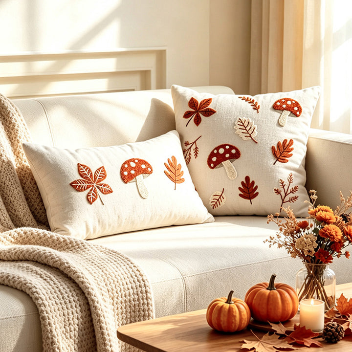 Embroidered Mushroom Linen Lumbar Throw Pillow Cover