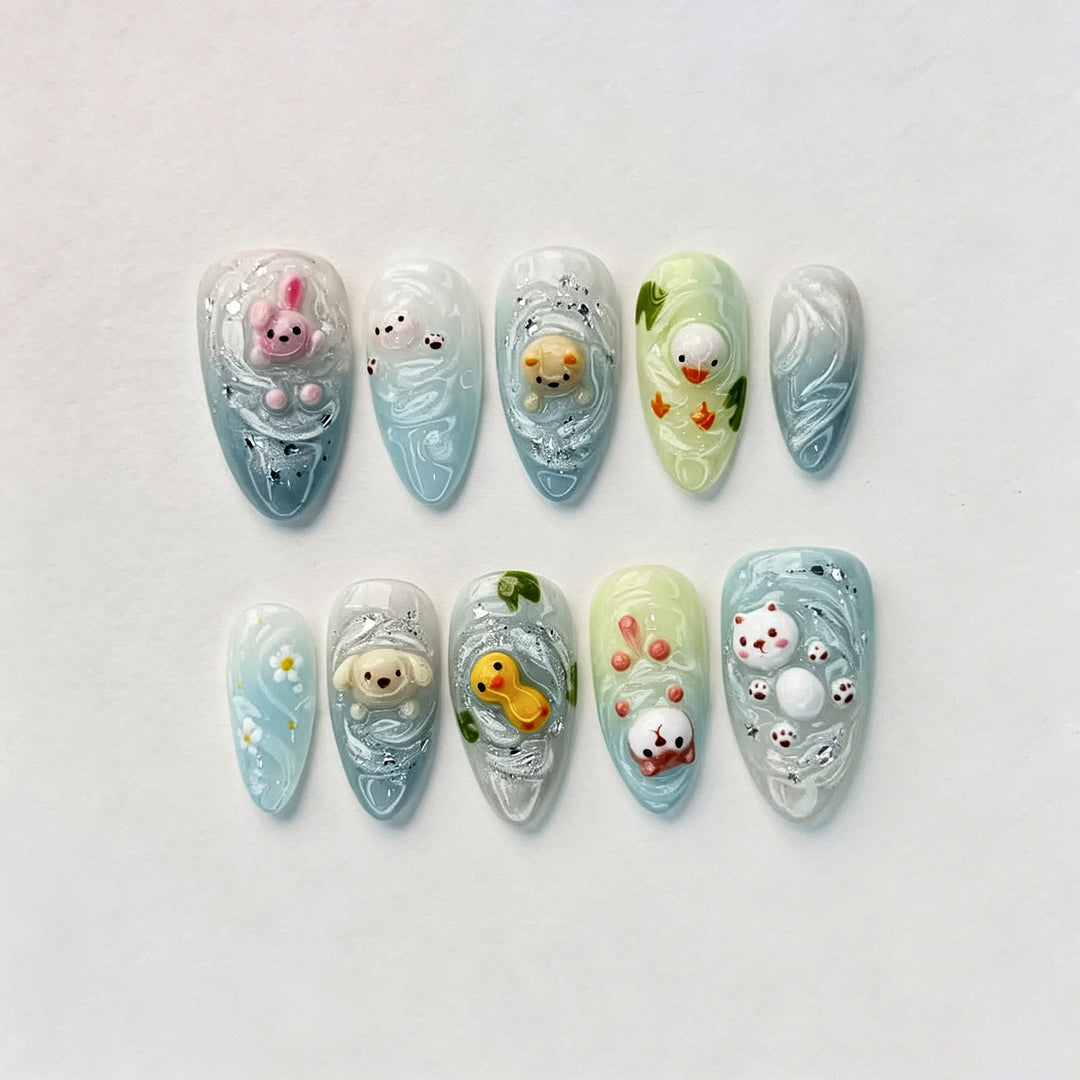 Playful 3D Animal-Themed Press-On Nail Art