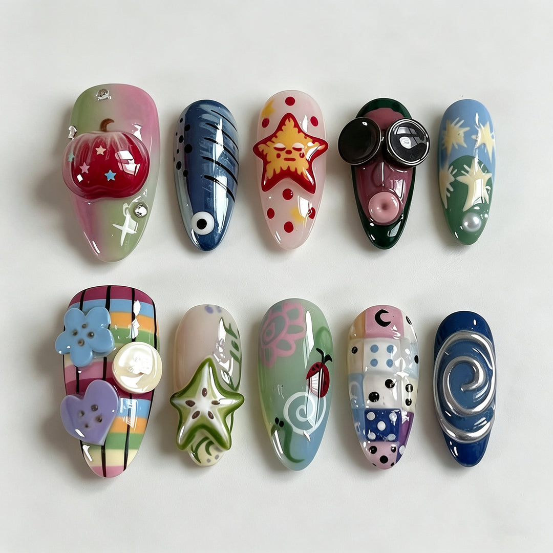 Artistic Press-On Nail Set with Playful Designs Kalsten