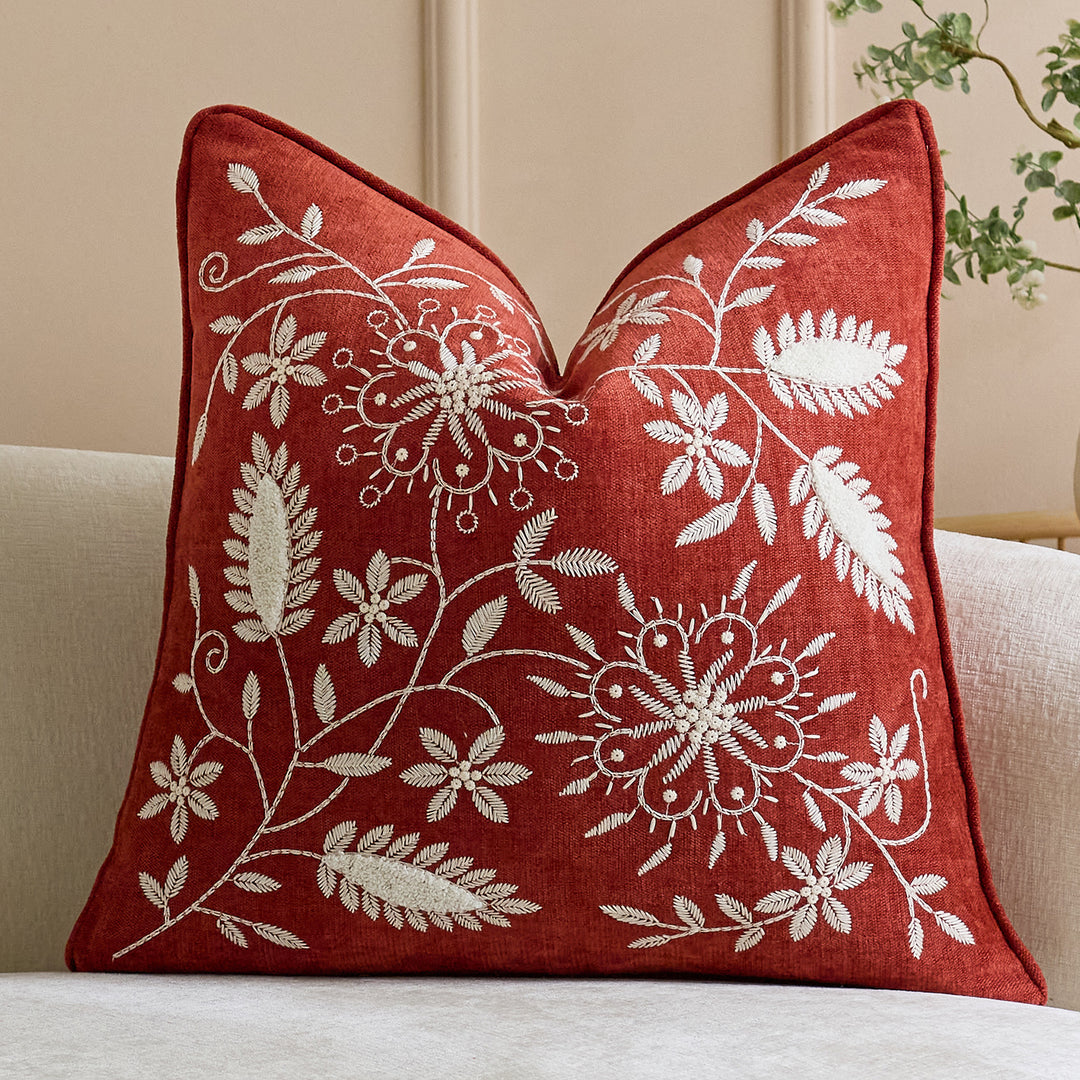 Embroidered Linen Throw Pillow Cover with Floral Motif