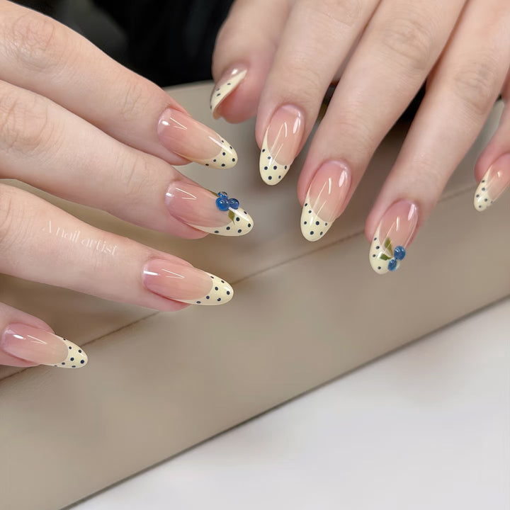 Artistic Press-On Nail Art Set with Polka Dot and Blue Gem Accents