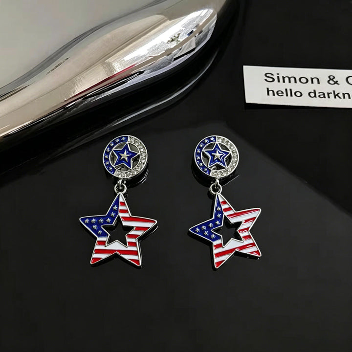 Ladies hanging earrings with star pendant and enamel flag motif Kalsten