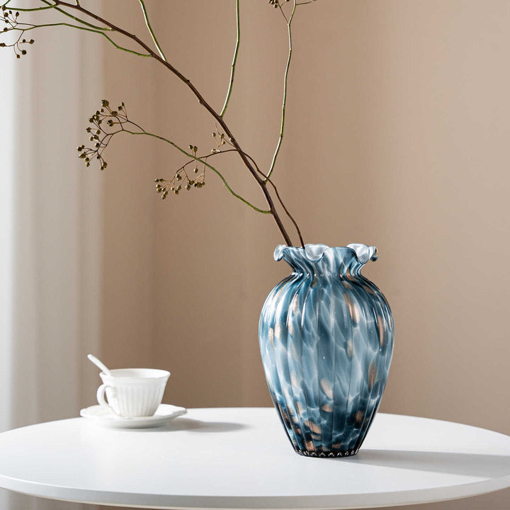 Handblown Sculptural Rippled Bulb Vase with Ruffled Neck Kalsten
