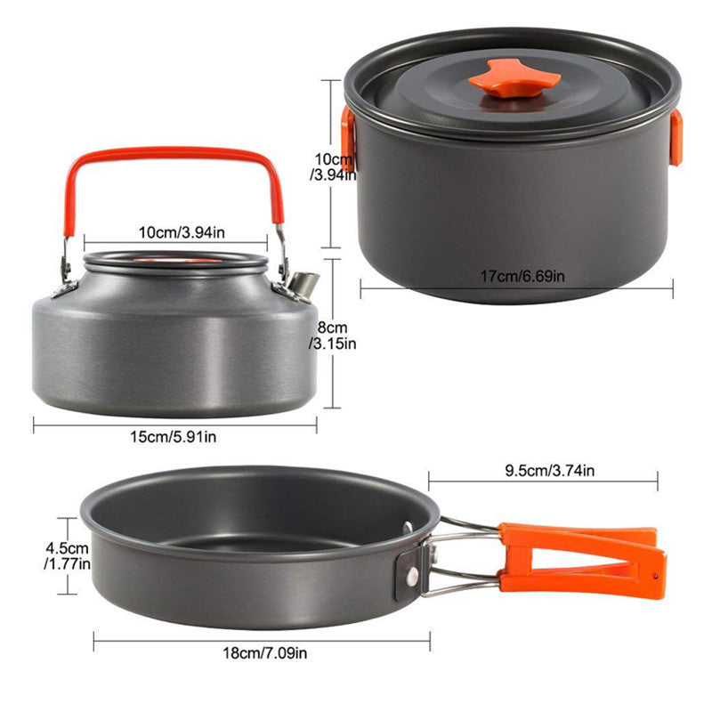 lightweight non-stick nesting camping cookware set with folding handles compact kettle pot pan and folding cutlery Kalsten