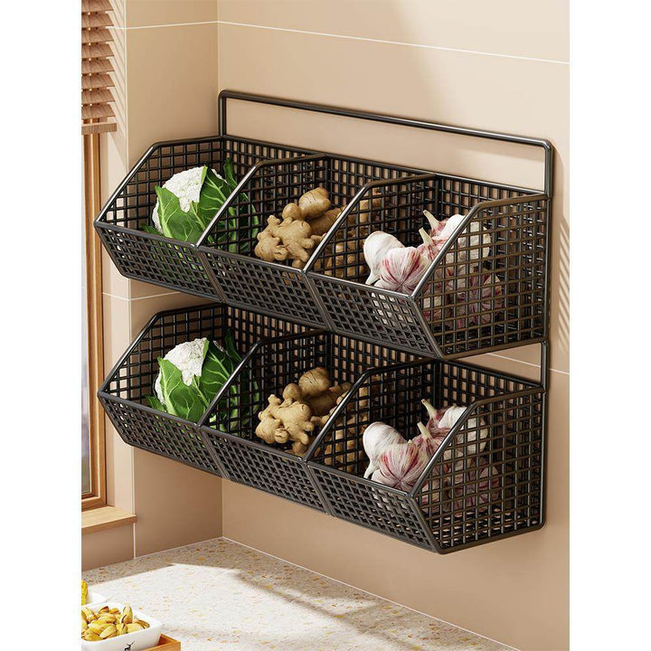 Wall-Mounted Dual-Tier Ventilated Kitchen Produce Storage Basket