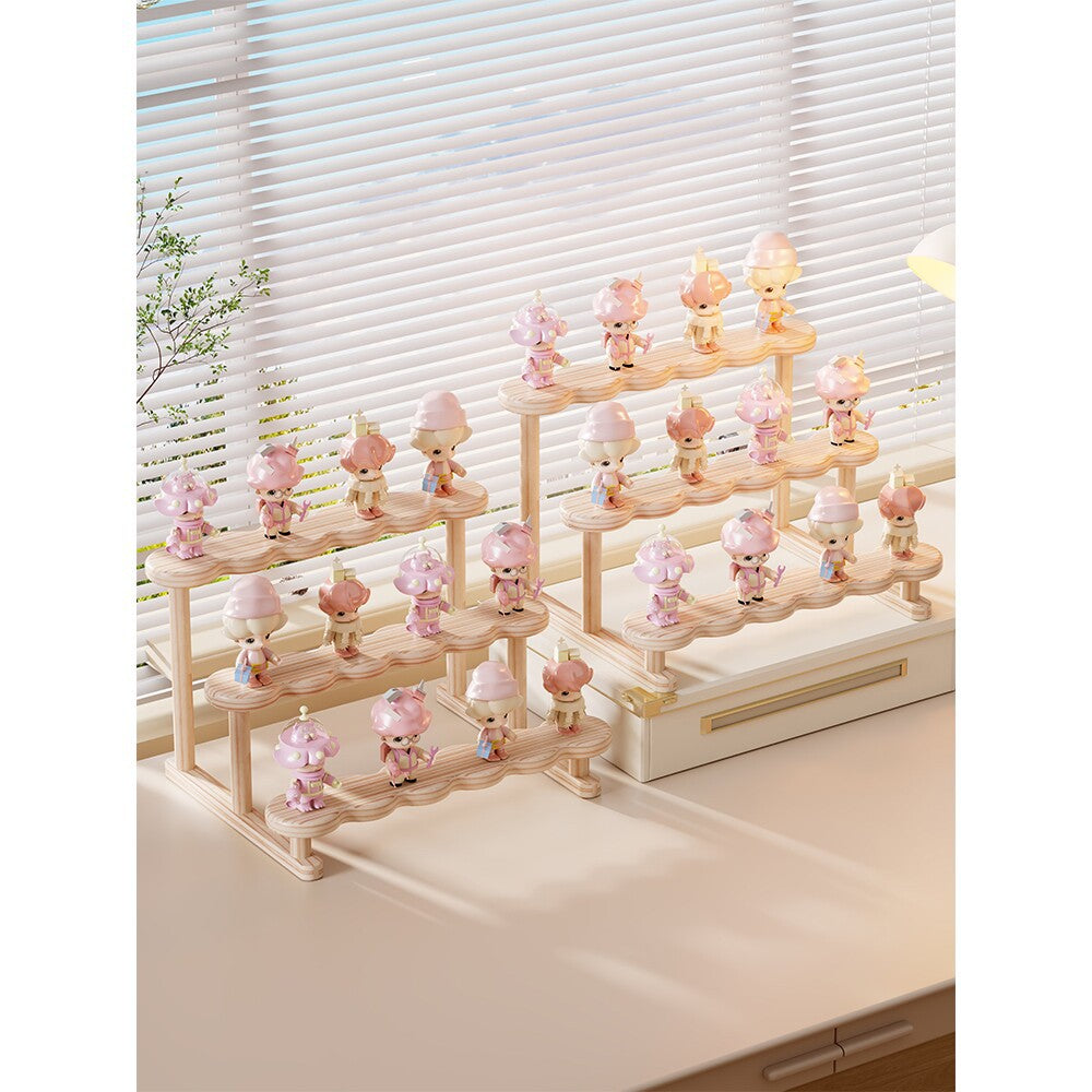 Two-Tier Wavy Wooden Display Stand for Mini Figures and Collectibles