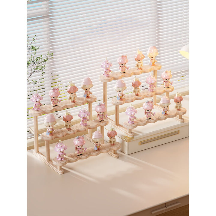 Two-Tier Wavy Wooden Display Stand for Mini Figures and Collectibles