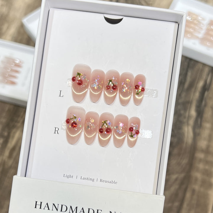 Handmade Cherry-Embossed Press-On Nail Set Kalsten