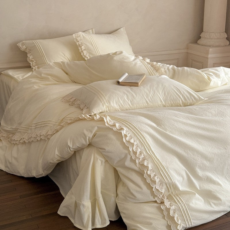 Romantic bedding set with lace ruffles and fine cotton texture