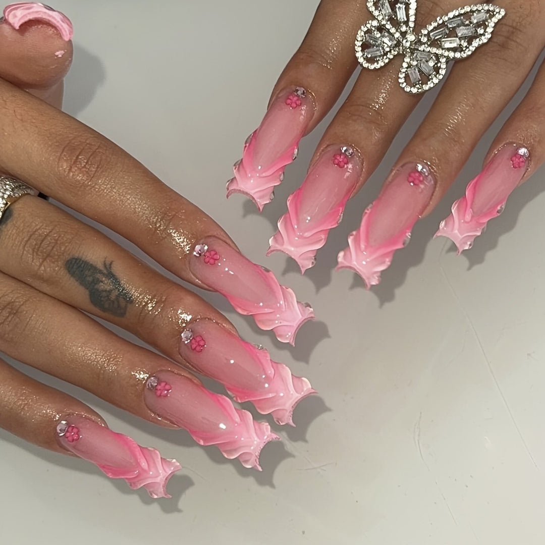 Artificial nail set with floral 3D design and glittering accents Kalsten