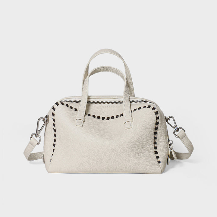 Pebbled Leather Doctor-Style Satchel with Whipstitch Trim & Detachable Crossbody Strap