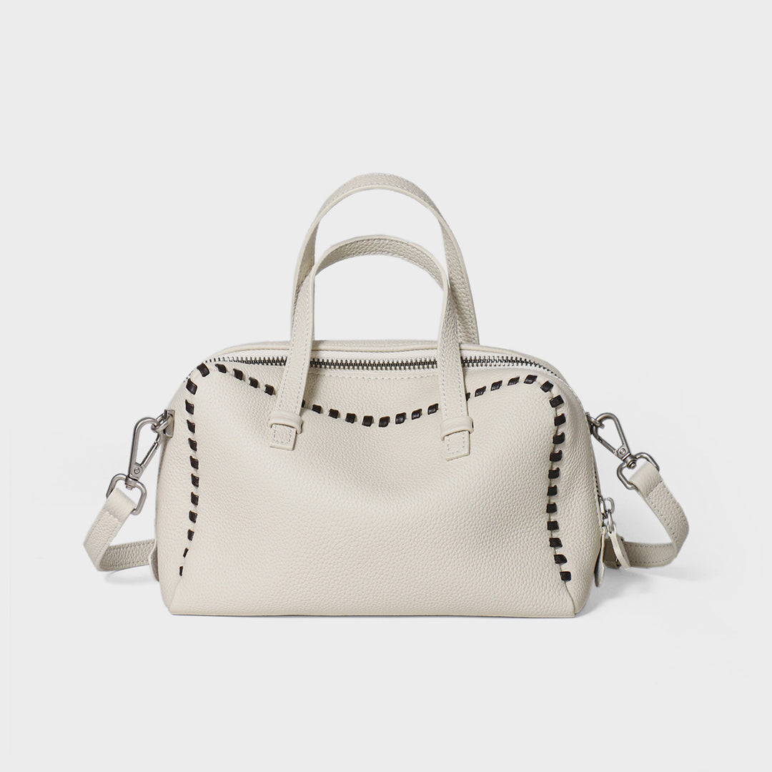 Pebbled Leather Top-Handle Crossbody Satchel with Whipstitch Trim