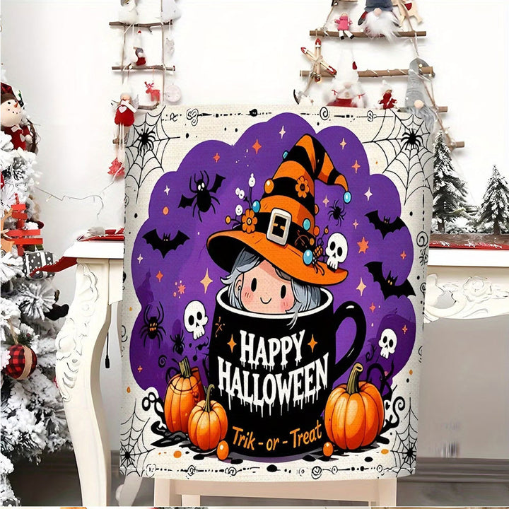 Chair back cover with elastic Halloween gnome and pumpkin design