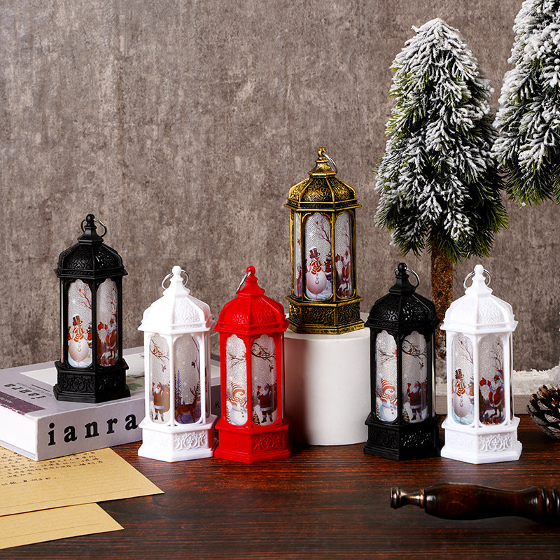 Vintage Moroccan-Style LED Snow Lantern with Rotating Christmas Scene